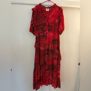 Farm Rio Short-Sleeve Printed Ruffled Midi Dress